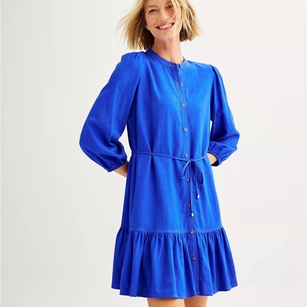 Nine West Women’s Blouson Sleeve Belted Dress Size S – Blue Casual
